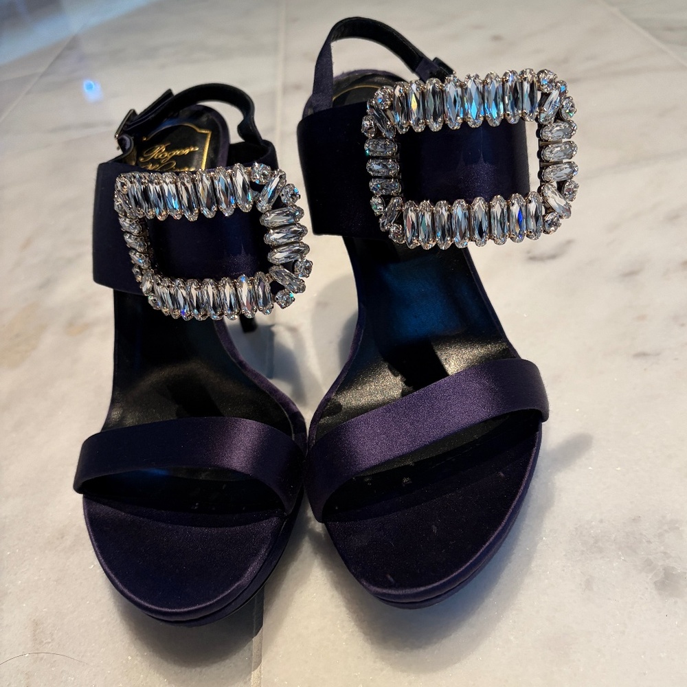 Roger Vivier Crystal Buckle Navy Satin Sandal